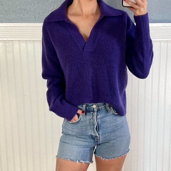 Banana Republic Wool Yak Blend Sweater Purple Polo Johnny Collar Large - Picture 2 of 8
